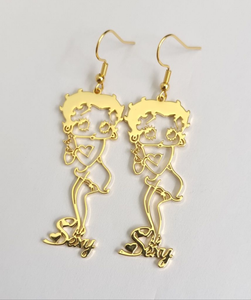 Personalized Betty Boop 14k Gold-Plated Stainless Steel Hook Earrings for Women - Custom Name Jewelry Gift