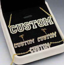 Load image into Gallery viewer, CZ Personalized Hollowed Stainless Steel 18k Gold-Plated Name Necklace, Bracelet, &amp; Earrings Set - Custom Jewelry Gift
