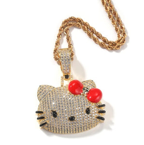 Luxury Iced Out Cubic Zirconia Micro-Paved Handmade Kawaii Hello Kitty Pendant Necklace