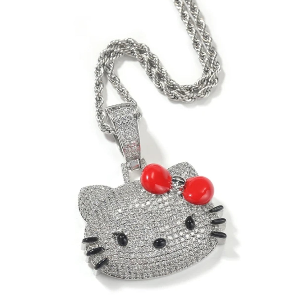 Luxury Iced Out Cubic Zirconia Micro-Paved Handmade Kawaii Hello Kitty Pendant Necklace