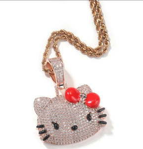 Luxury Iced Out Cubic Zirconia Micro-Paved Handmade Kawaii Hello Kitty Pendant Necklace