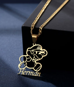 Personalized Super Mario 18k Gold-Plated Stainless Steel Name Necklace - Custom Gamer Jewelry Gift"