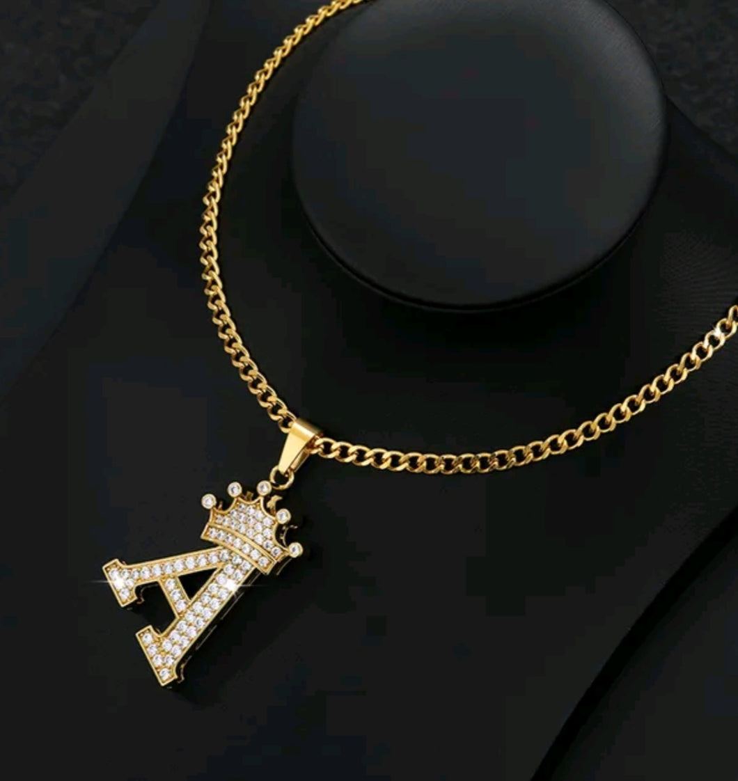 Crown Zircon Alphabet Charm Unisex Necklace