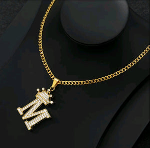 Crown Zircon Alphabet Charm Unisex Necklace