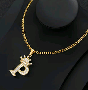 Crown Zircon Alphabet Charm Unisex Necklace