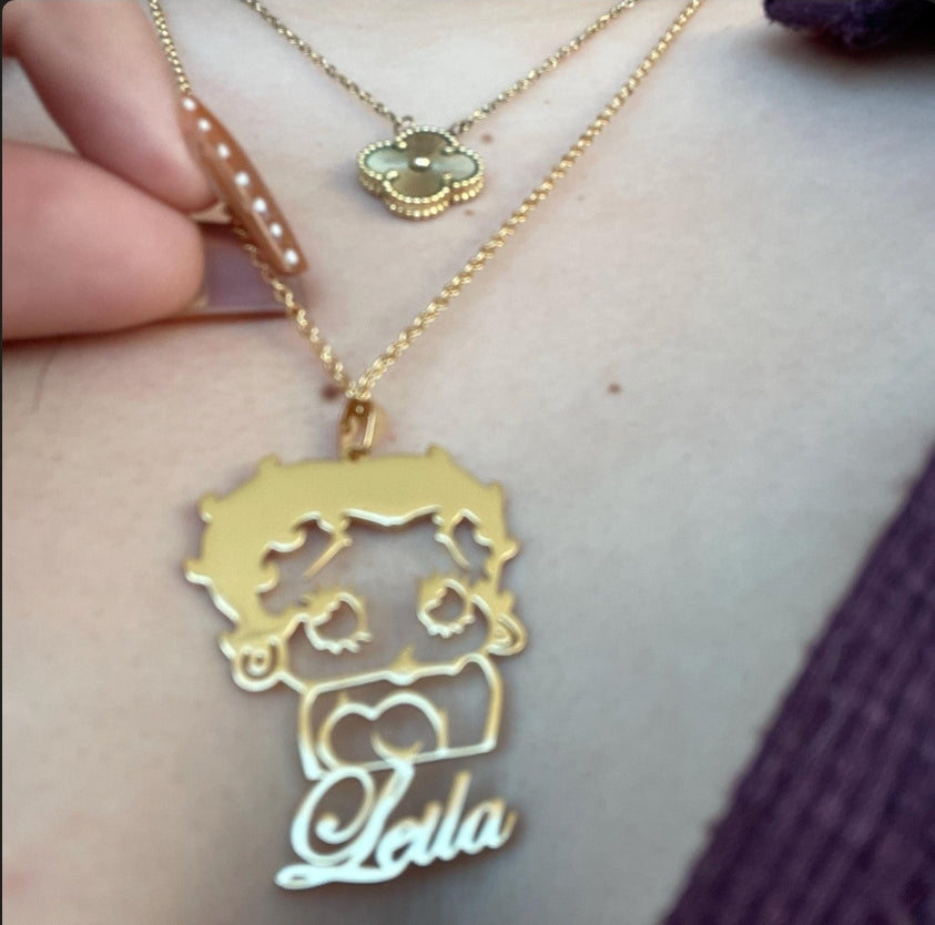 Customer wearing a personalized Lola Betty Boop necklace