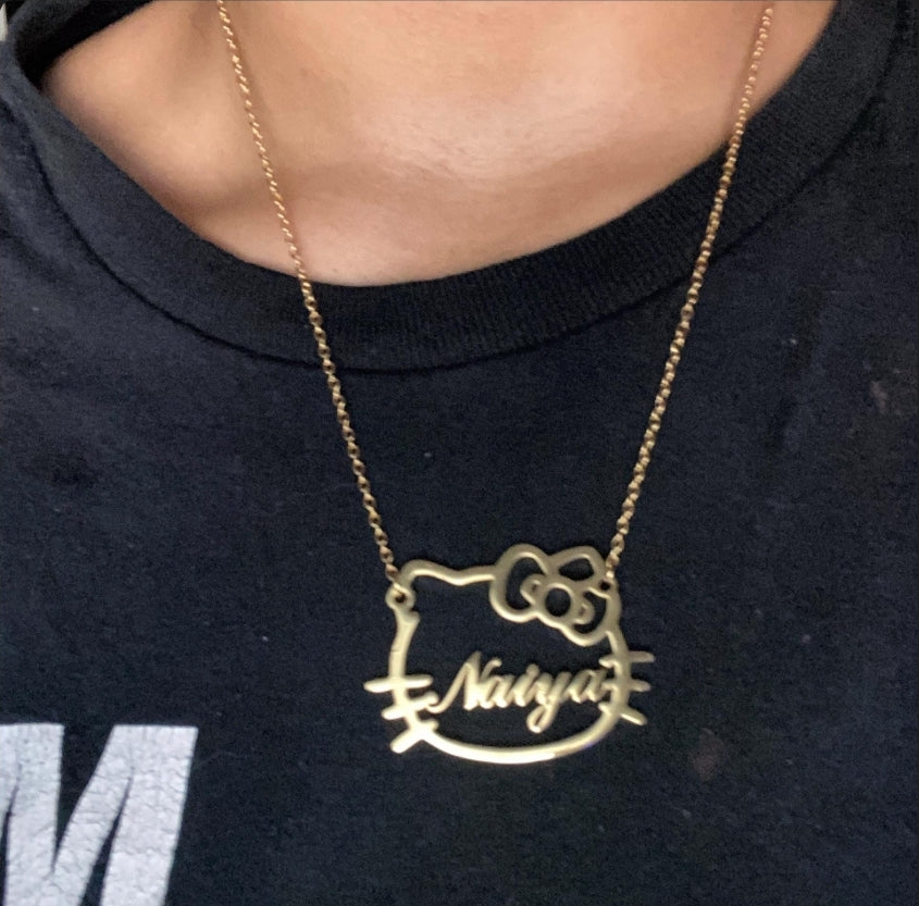 Customer wearing a personalized Hello Kitty necklace