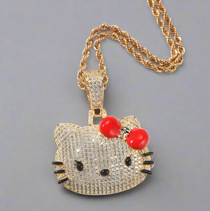 Luxury Iced Out Cubic Zirconia Micro-Paved Handmade Kawaii Hello Kitty Pendant Necklace