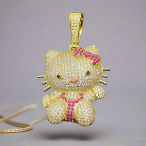 Luxury Iced Out Cubic Zirconia Micro-Paved Handmade Kawaii Hello Kitty Pendant Necklace