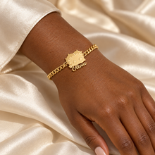Load image into Gallery viewer, Gold Olivia personalized Betty Boop bracelet shown on a model wrist
