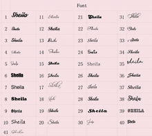 Load image into Gallery viewer, Numbered jewelry font chart: 41 lettering styles on a blush background
