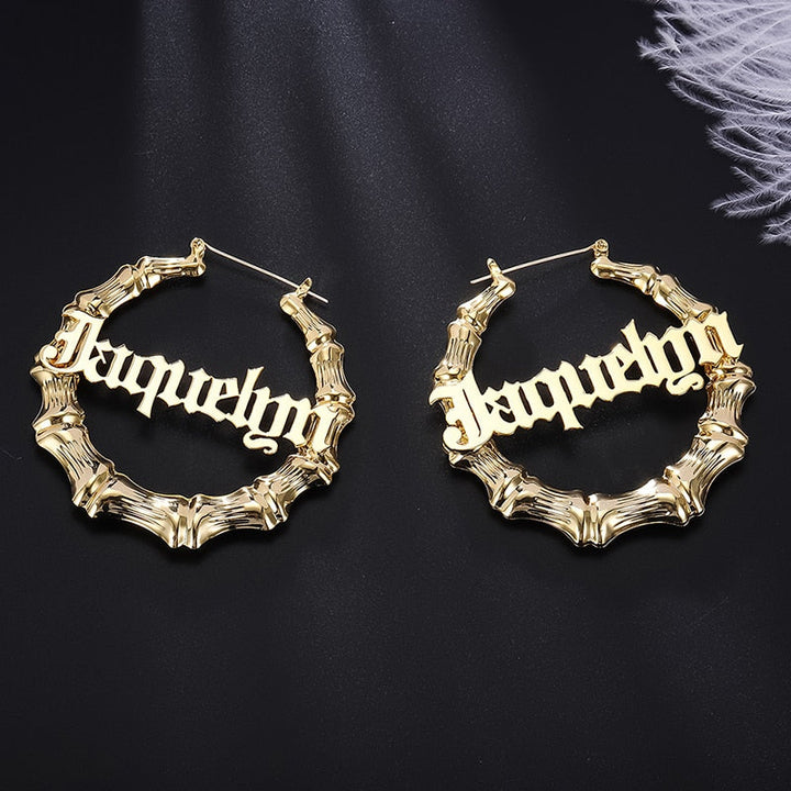 Gold bamboo personalized hoop earrings