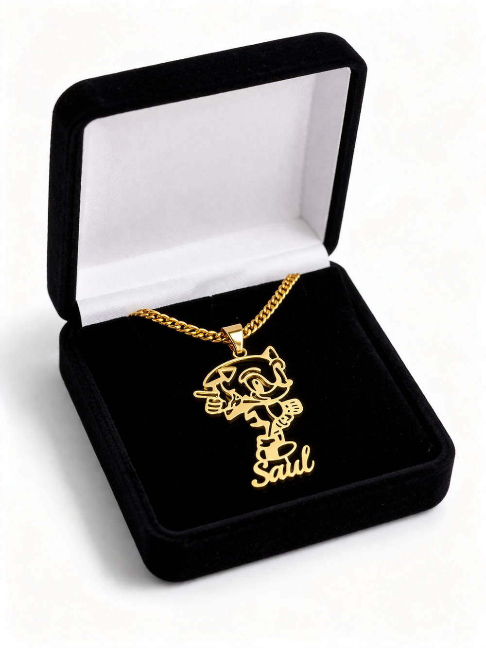 Saul personalized necklace in its black jewelry box