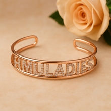 Load image into Gallery viewer, Custom Name Cuff Bracelet | Personalized Gold, Silver, or Rose Gold Plated Bangle with CZ Stones | Adjustable Statement Bracelet Gift for Her

