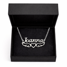 Load image into Gallery viewer, Angel wings personalized Necklace with the name 'Joanna' in script lettering on a black box
