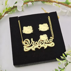 Glam Kitty Collection Personalized 3D Double Plated Necklace and Earrings Set with Diamond Cuts
