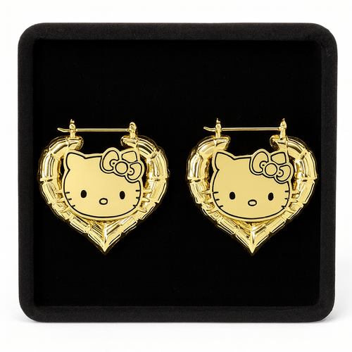 Gold Heart Shaped Hello Kitty earrings on a black display box