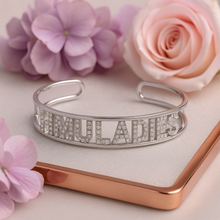 Load image into Gallery viewer, Custom Name Cuff Bracelet | Personalized Gold, Silver, or Rose Gold Plated Bangle with CZ Stones | Adjustable Statement Bracelet Gift for Her
