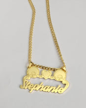 Load image into Gallery viewer, Gold necklace Monchhichi personalized with 'Stephanie' pendant on a light gray background
