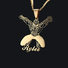 Load image into Gallery viewer, Gold spider-man pendant with 'Rylee' on a black background
