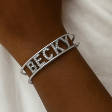 Load image into Gallery viewer, Custom Name Cuff Bracelet | Personalized Gold, Silver, or Rose Gold Plated Bangle with CZ Stones | Adjustable Statement Bracelet Gift for Her
