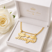 Load image into Gallery viewer, Custom Name Necklace Gold | Personalized Script Necklace with Heart &amp; Dove Design | Luxury Gift for Her
