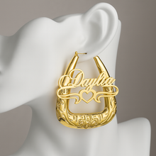 Load image into Gallery viewer, Personalized Bubble Triangle Gold Plated 70mm Name Earrings
