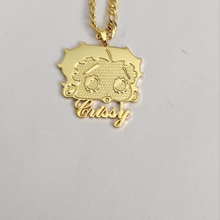 Load image into Gallery viewer, Gold Betty Boop pendant with name 'Crissy' on a gray background
