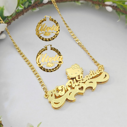 Hello Kitty, Personalized Necklace and Earrings Heart Bar Set