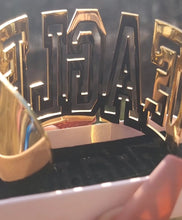 Load image into Gallery viewer, Close-up of a gold cuff bracelet 'EAGLES' sign with blurred background
