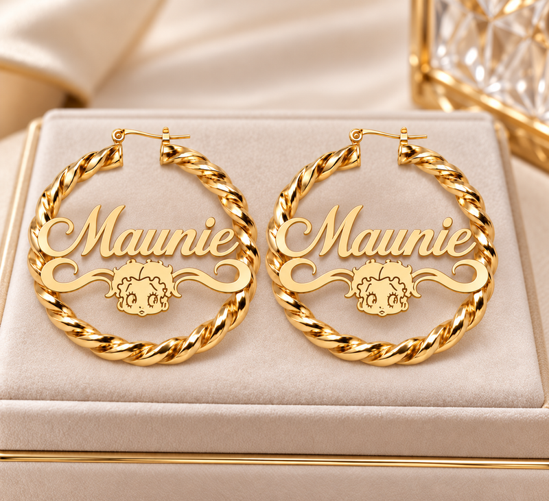 Personalized Betty Boop Custom Name Twisted Hoop Earrings