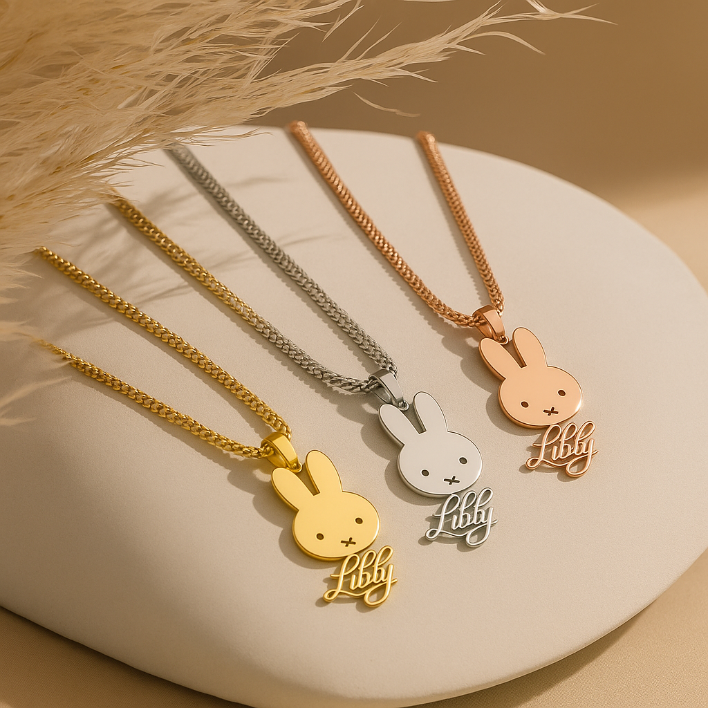 Personalized Miffy Bunny Necklace – Custom Name Stainless Steel 14K Gold-Plated Pendant for Women, Girls & Kids