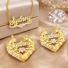 Load image into Gallery viewer, Gold heart birthstone jewelry set with 'Sydney' on a beige background
