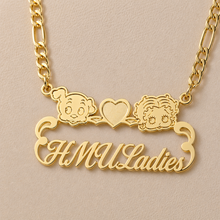Load image into Gallery viewer, Gold necklace with Pudgy &amp; Betty Boop Personalized witj 'H M U Ladies' inscription on a beige background
