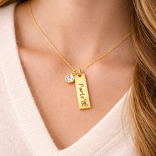 Load image into Gallery viewer, Personalized Name Necklace with Birthstone &amp; Symbol | Custom Engraved Bar Necklace | Gold Silver Rose Gold Jewelry | Gift for Her Mom Wife Daughter
