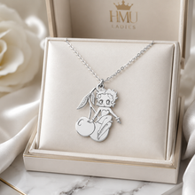 Load image into Gallery viewer, Custom made silver Betty Boop sitting on a cherry personalized necklace.
