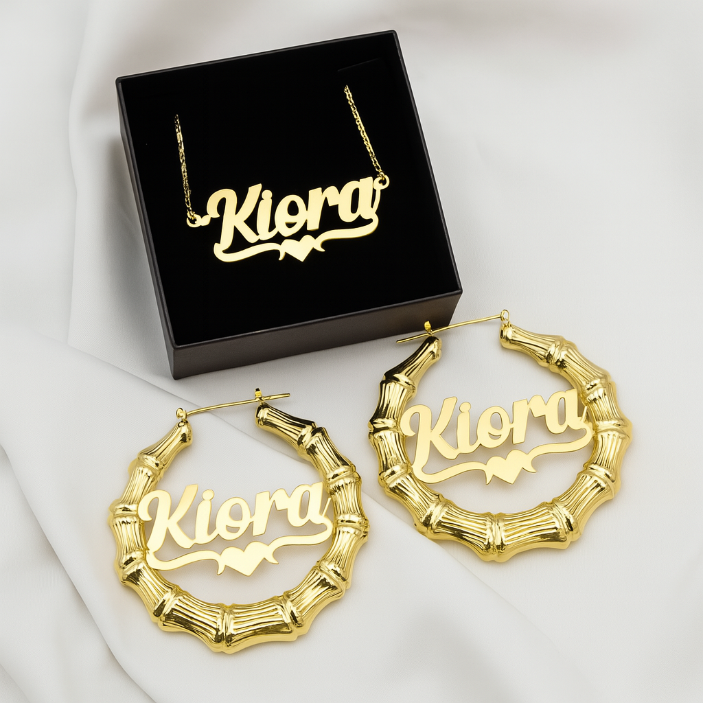 Personalized Necklace and Earrings Heart Bar Set