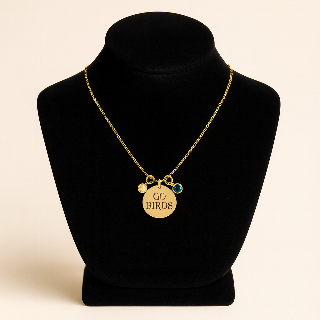 Custom Team or Name Pendant Necklace with Stones | Personalized Stainless Steel Jewelry | Gold or Rose Gold Fan Gift | Sports Spirit Necklace