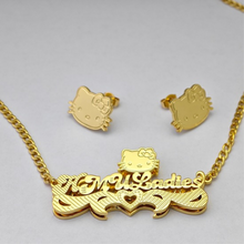 Load image into Gallery viewer, Glam Kitty Collection Personalized 3D Double Plated Necklace and Earrings Set with Diamond Cuts
