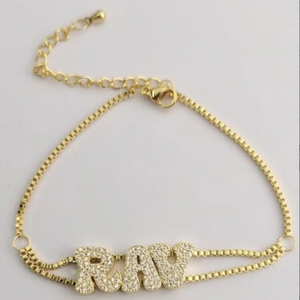 CZ Bubble Letter Personalized Bracelet with Strawstring