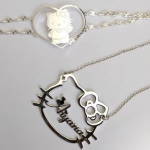 Hello Kitty Personalized Bracelet & Necklace Set | Custom Name Jewelry in Silver, Gold, or Rose Gold | Adjustable Chain Styles | Sanrio Gift for Her