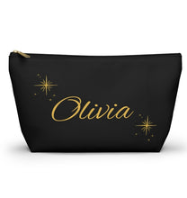 Load image into Gallery viewer, Personalized Black &amp; Gold Makeup Bag — Name Script Accessory Pouch
