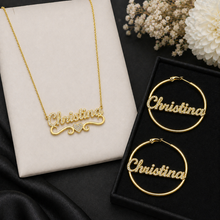 Load image into Gallery viewer, Personalized Name Necklace &amp; Hoop Earrings Set | Custom Name Jewelry Set | Gift for Her (Necklace + Earrings)
