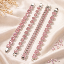 Load image into Gallery viewer, Pink gemstone bracelets on a beige fabric background
