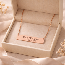 Load image into Gallery viewer, Rose gold necklace with engraved name and date in a box
