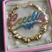 Load image into Gallery viewer, Gold Plated Personalized Bamboo Colorful Glitter Name Plate Earrings
