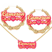 Load image into Gallery viewer, Gold Plated Bamboo Earrings/Necklace Set With Acrylic Name Plate
