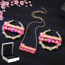 Load image into Gallery viewer, Gold Plated Bamboo Earrings/Necklace Set With Acrylic Name Plate
