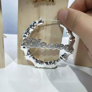 18k CZ Name Bamboo Hoop Earrings