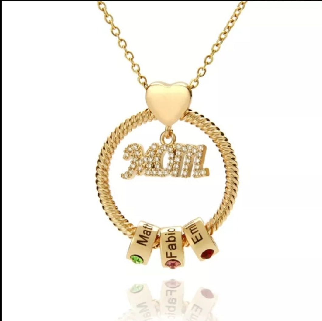 Mom Personalized Circle Pendant Engraved Name Necklace with Birthstones